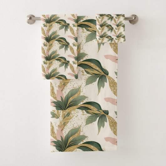 Elegant Gold & Green Botanical Leaf Pattern Badhandtuch Set (Insitu)