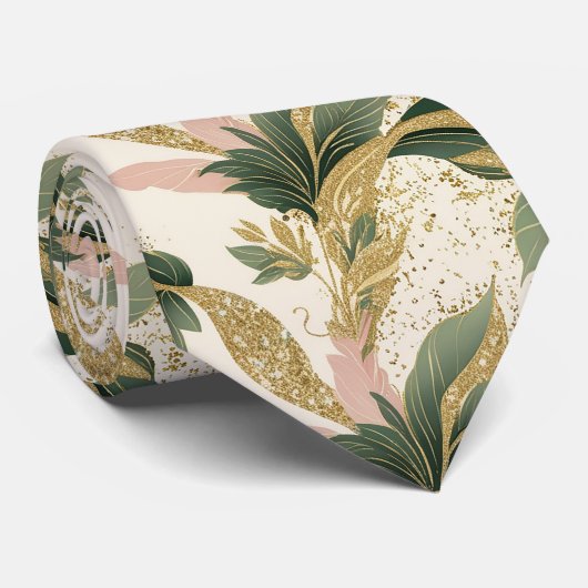 Elegant Gold & Green Botanical Leaf Pattern Krawatte (Gerollt)