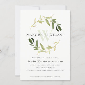 ELEGANT GOLD GREEN FOLIAGE WREATH BABY SHOWER CARD DANKESKARTE