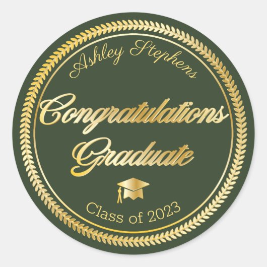 Elegant Gold | Green Grad Cap Class 2023 Runder Aufkleber (Vorderseite)