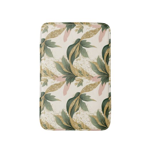 Elegant Gold & Green Leaf Pattern Touch of Pink Badematte (Vorderseite Vertikal)