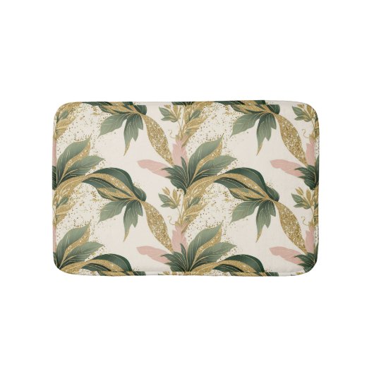 Elegant Gold & Green Leaf Pattern Touch of Pink Badematte (Vorderseite)