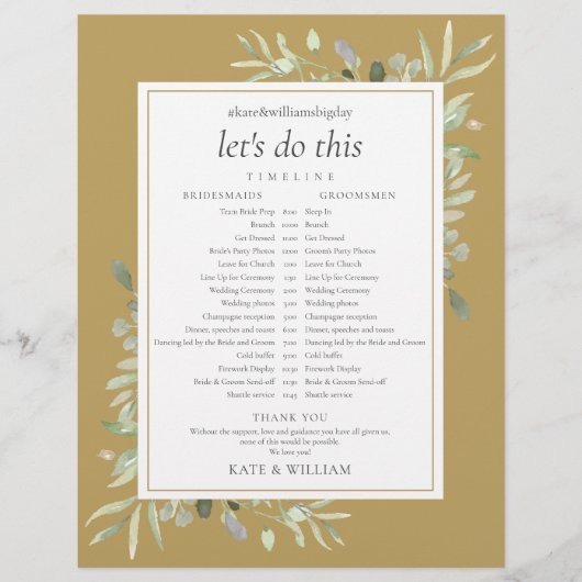 Elegant Gold Greenerding Wedding Zeitplan Timeline (Vorderseite)