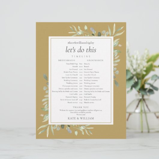 Elegant Gold Greenerding Wedding Zeitplan Timeline (Stehend Vorderseite)