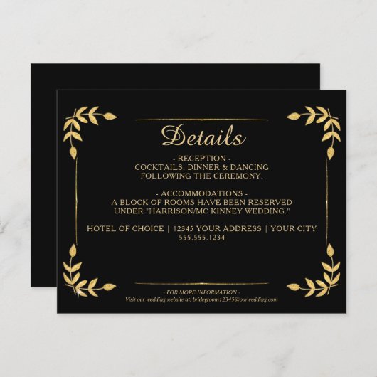 Elegant Gold Greenerity Black Wedding Details Einladung (Vorne/Hinten)