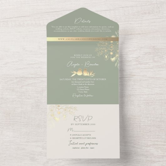 Elegant Gold Greenerity Sage Wedding All In One Einladung (Innen Boden)