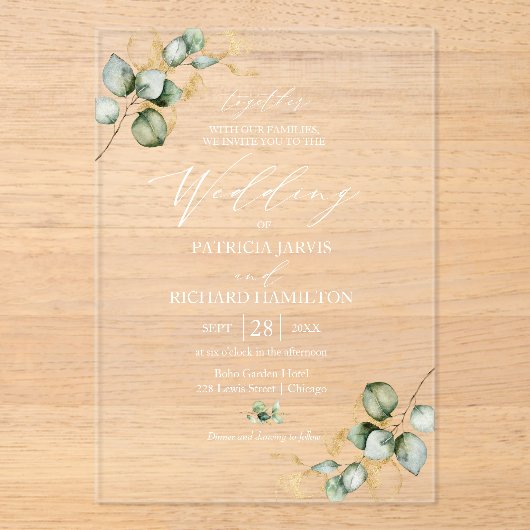 Elegant Gold Greenerity Wedding Acryleinladungen (Vorderseite)