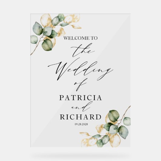 Elegant Gold Greenerity Wedding Willkommenszeichen Acrylschild (Vorderseite)