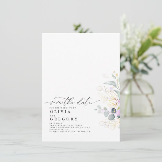 Elegant Gold Greenery Ankündigung Datum freihalten (Stehend Vorderseite)