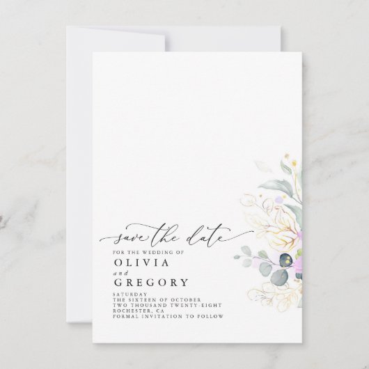 Elegant Gold Greenery Ankündigung Datum freihalten (Vorderseite)