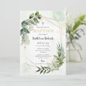 Elegant Gold Greenery Bloral Foliage Taufe Einladung (Stehend Vorderseite)