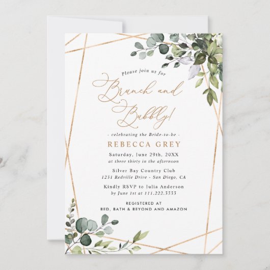 Elegant Gold Greenery Bridal Brunch & Bubbly Einladung (Vorderseite)