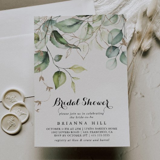 Elegant Gold Greenery Calligraphy Brautparty Einladung