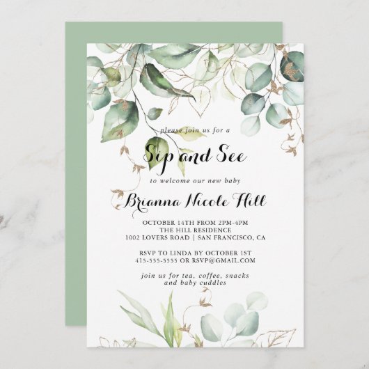 Elegant Gold Greenery Calligraphy Sip & See Einladung (Vorne/Hinten)