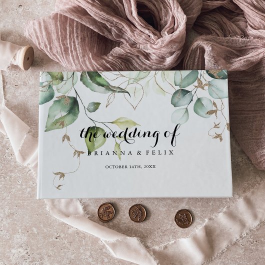 Elegant Gold Greenery Calligraphy Wedding Gästebuch