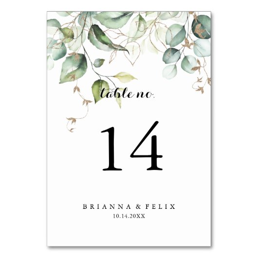 Elegant Gold Greenery Calligraphy Wedding Tischnummer (Vorderseite)