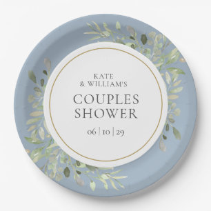 Elegant Gold Greenery Dusty Blue Couples Dusche Pappteller