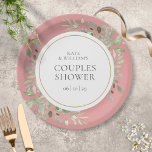 Elegant Gold Greenery Dusty Rose Couples Dusche Pappteller<br><div class="desc">Diese schicke botanische Duschpapiertafel mit zarten Aquarellfarben-Blätter auf einem staubigen Hintergrund der Rose kann mit Ihren besonderen Veranstaltungsdetails personalisiert werden. Entwickelt von Thisisnotme©</div>