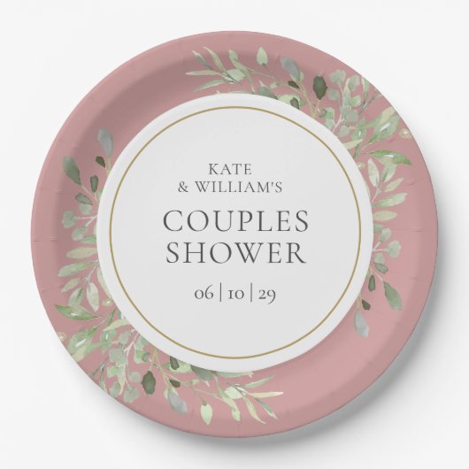 Elegant Gold Greenery Dusty Rose Couples Dusche Pappteller (Vorderseite)