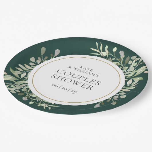 Elegant Gold Greenery Emerald Green Couples Dusche Pappteller (Schrägansicht)