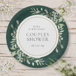 Elegant Gold Greenery Emerald Green Couples Dusche Pappteller<br><div class="desc">Diese elegante botanische Duschpapiertafel mit zartem Aquarell-Blätter auf smaragdgrünem Hintergrund kann mit Ihren besonderen Veranstaltungsdetails personalisiert werden. Entwickelt von Thisisnotme©</div>