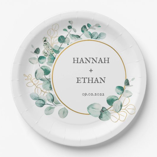 Elegant Gold Greenery Eucalyptus Personalized Pappteller (Vorderseite)