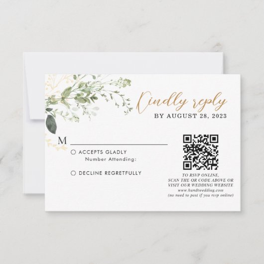 Elegant Gold Greenery Eucalyptus QR Code Wedding RSVP Karte (Vorderseite)