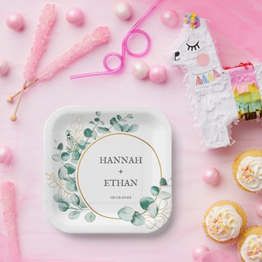 Elegant Gold Greenery Eukalyptus Personalisiert Pappteller (Party)