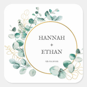 Elegant Gold Greenery Eukalyptus Personalisiert Quadratischer Aufkleber