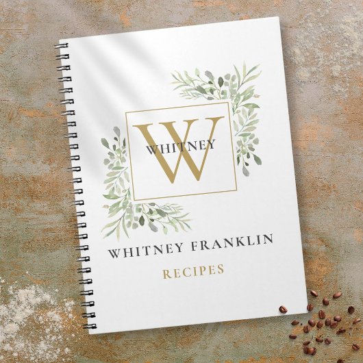 Elegant Gold Greenery Monogram Rezept Cookbook Notizblock