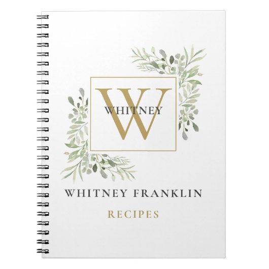 Elegant Gold Greenery Monogram Rezept Cookbook Notizblock (Vorderseite)