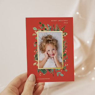 Elegant Gold Greenery Rot mit Foto Folien Feiertagspostkarte