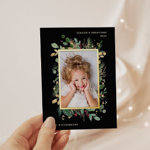 Elegant Gold Greenery Schwarz mit Foto Folien Feiertagspostkarte