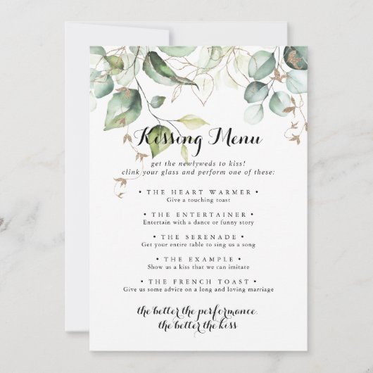 Elegant Gold Greenery Wedding Kissing Menu Game (Vorderseite)