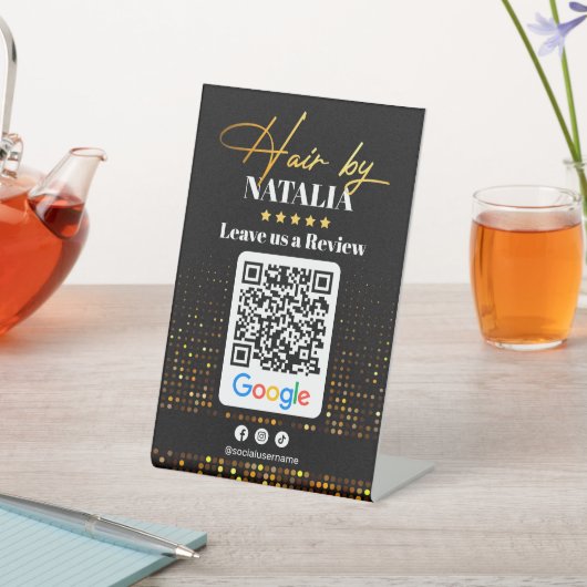 Elegant Gold Hair Salon Google Review QR Code Sockelschild (In SItu)