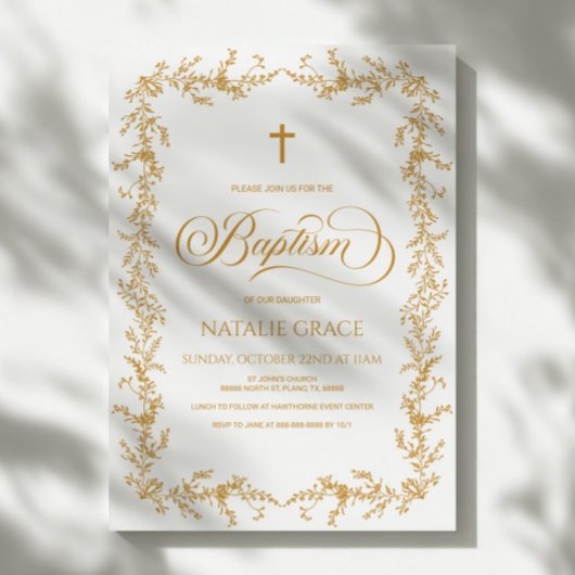 Elegant Gold Hand Drawn Floral Frame Baptism Einladung