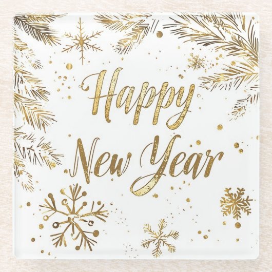 Elegant Gold “Happy New Year” Glass Coaster Glasuntersetzer (Vorderseite)