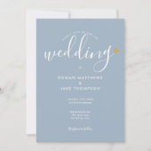 Elegant Gold Heart Dusty Blue Script Foto Hochzeit Einladung (Vorderseite)