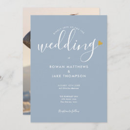 Elegant Gold Heart Dusty Blue Script Foto Hochzeit Einladung