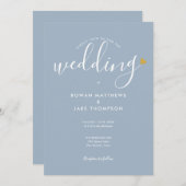 Elegant Gold Heart Dusty Blue Script Wedding Einladung (Vorne/Hinten)