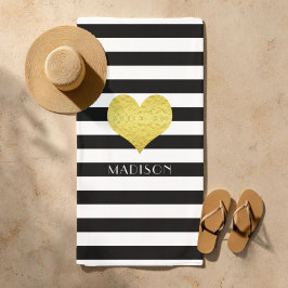 Elegant Gold Heart Name Black and White Stripes Strandtuch