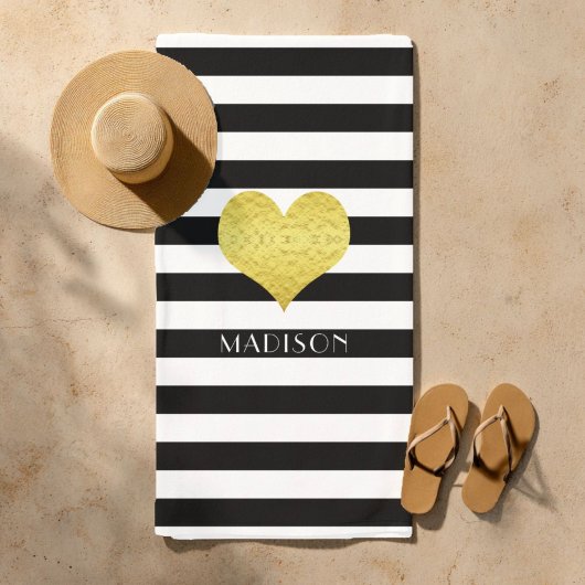 Elegant Gold Heart Name Black and White Stripes Strandtuch