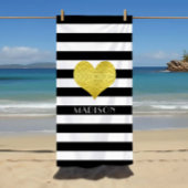 Elegant Gold Heart Name Black and White Stripes Strandtuch