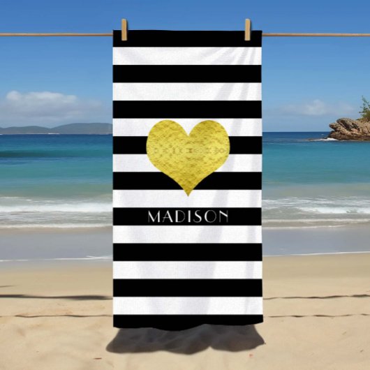 Elegant Gold Heart Name Black and White Stripes Strandtuch