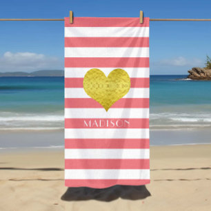 Elegant Gold Heart Name Pink And White Stripes Strandtuch