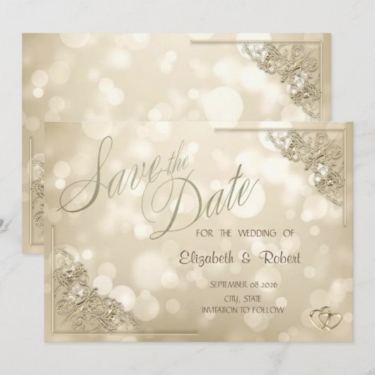Elegant Gold Hearts Frame Bokeh Save The Date (Vorne/Hinten)