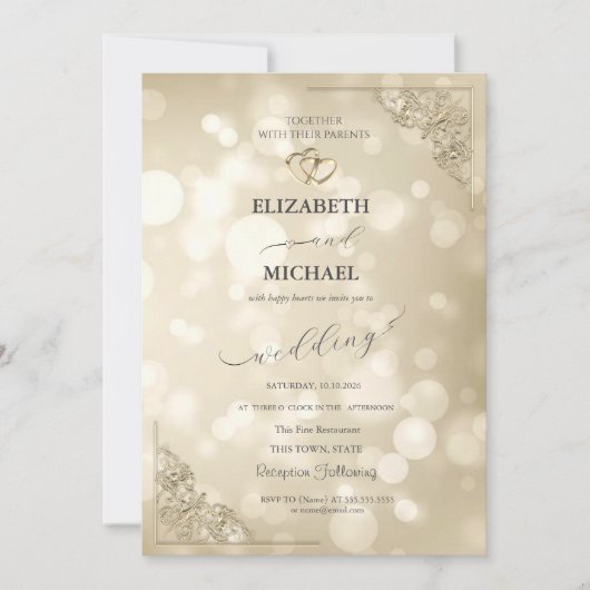 Elegant Gold Hearts Frame Bokeh Wedding Einladung (Vorderseite)