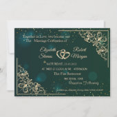 Elegant Gold Hearts Frame Green Wedding Einladung (Vorderseite)
