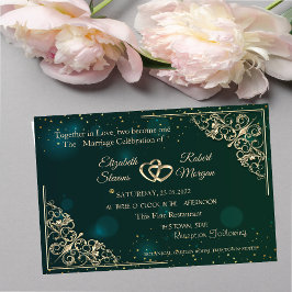 Elegant Gold Hearts Frame Green Wedding Einladung