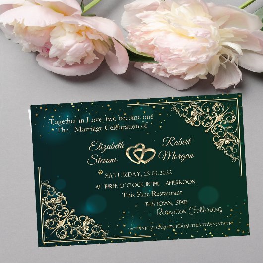 Elegant Gold Hearts Frame Green Wedding Einladung